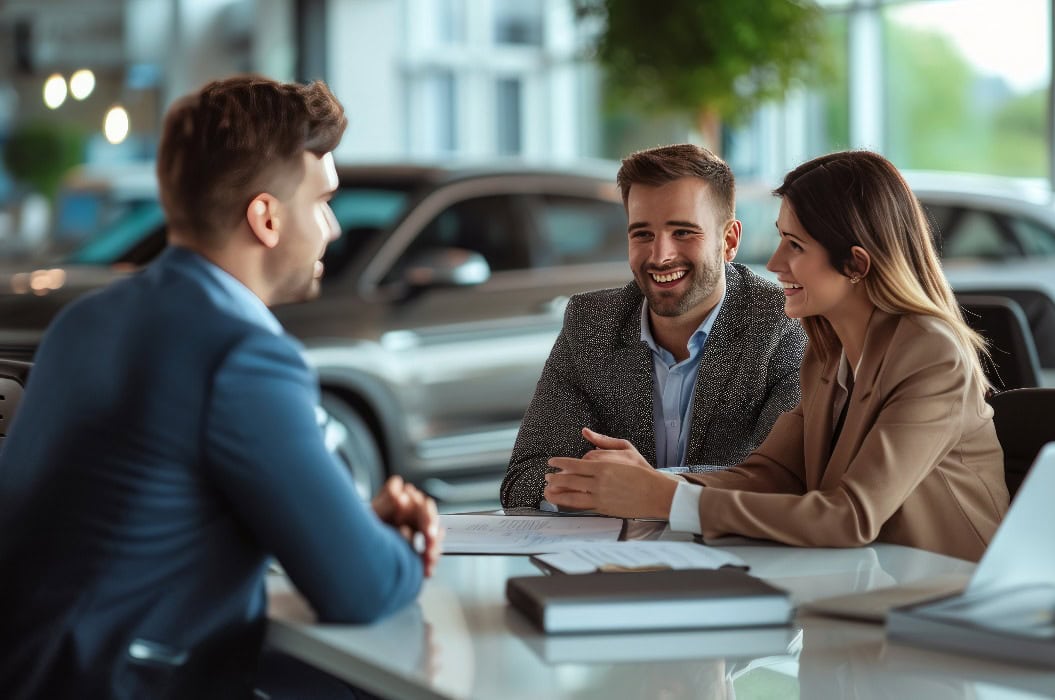 Ein Autohändler trifft sich mit einem Paar im Büro und erklärt ihnen den Vertrag, während sie zusammensitzen. Der Leiter des Autohauses moderiert das Gespräch.