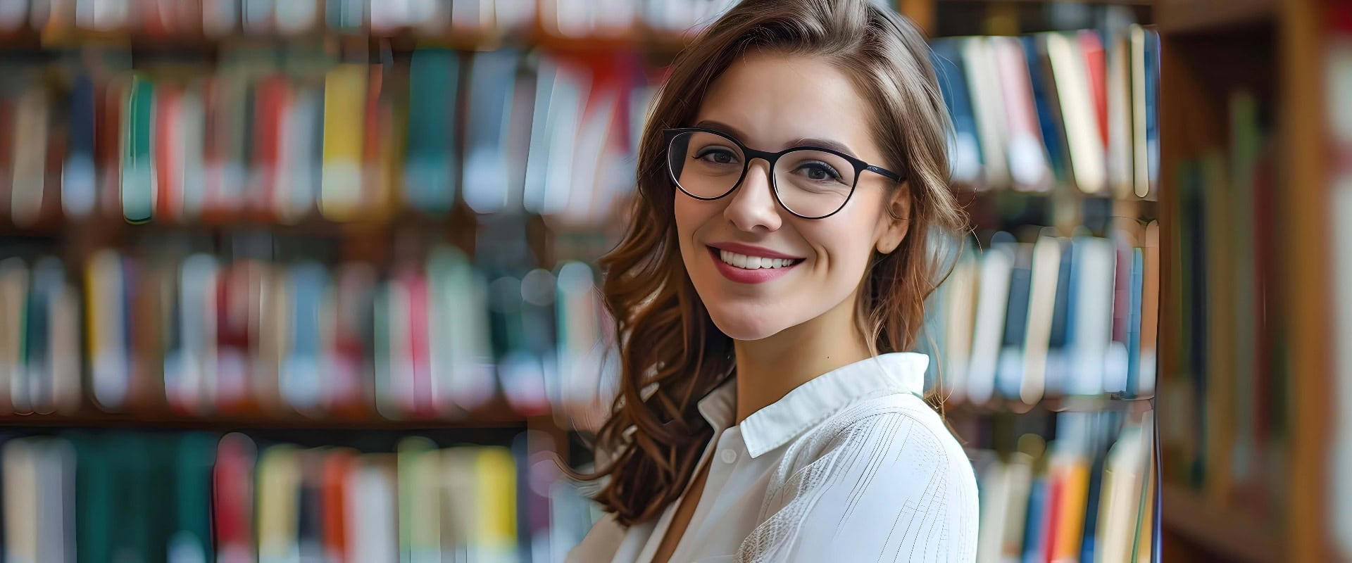 Glückliche junge Bibliotheksassistentin Ein Porträt von Enthusiasmus und Erfolg